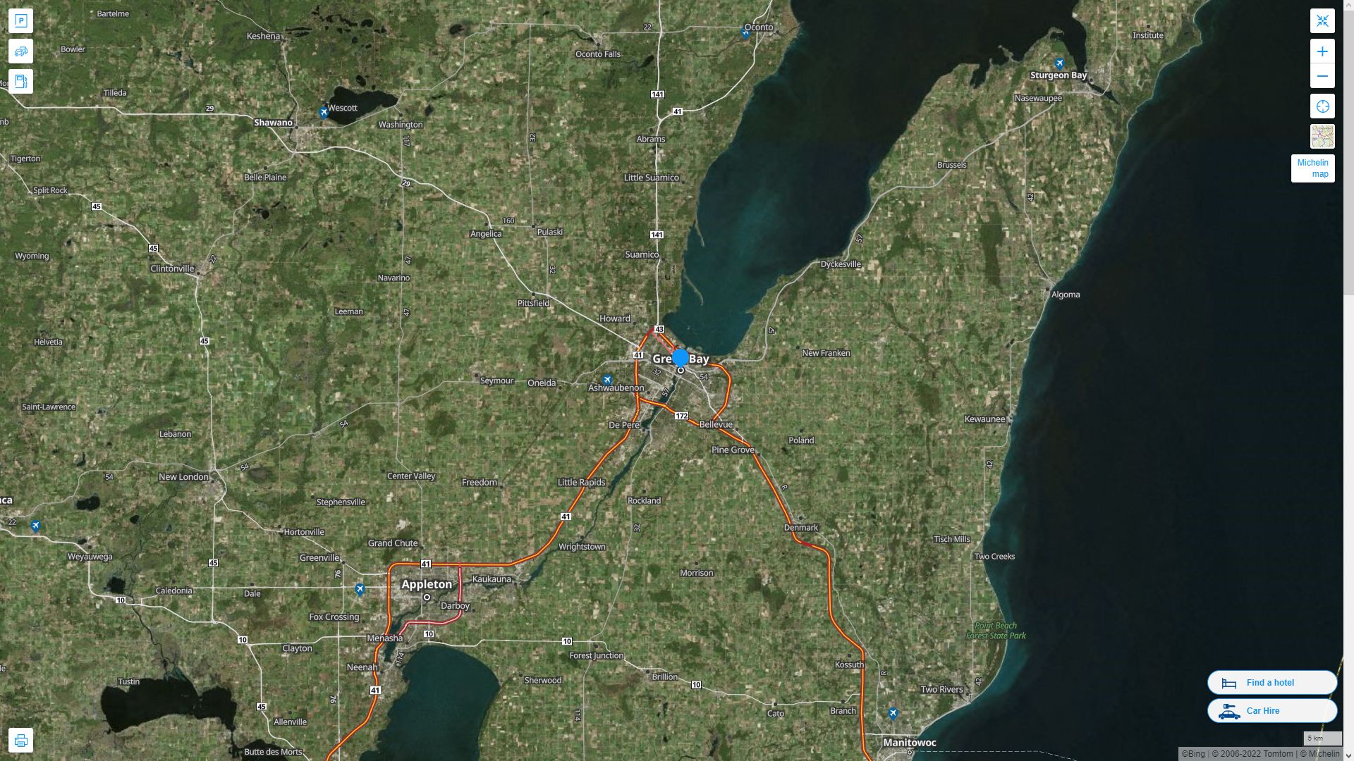 Green Bay Wisconsin Highway and Road Map with Satellite View